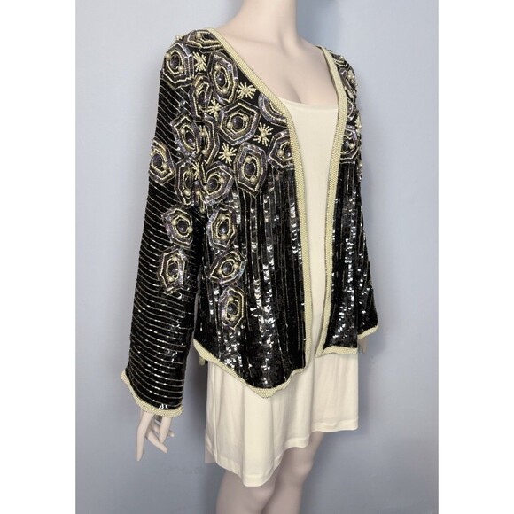 Vtg Oleg Cassini Sparkly Beaded Sequin Jacket Embellished Pearls Open Front Sz L - Picture 6 of 16